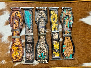 Nuevo diseño personalizado de cuero genuino hecho a mano Real, correas de reloj pintadas con herramientas florales occidentales, correas de reloj de repuesto bohemias occidentales - Product Image 5