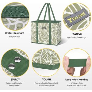 Set di 3 Borse Pieghevoli Stile Antico con Motivo Fogliare, Borse Riutilizzabili per la Spesa con Fondo Rinforzato e Manici per Alimenti - Product Image 3