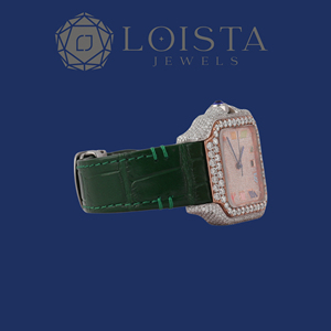 LOISTA Montre mécanique de luxe, boîtier rectangulaire en or blanc, lunette sertie de diamants, bracelet en cuir, cadran analogique, 38 mm, unisexe - Product Image 2