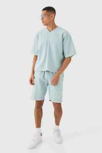 Conjunto de camiseta y pantalones cortos de algodón para hombre, color azul claro, cuello en V, transpirable, informal, para verano, de color sólido, tejido, de dos piezas. - Product Image 2