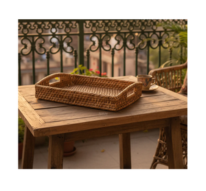 Bandeja de ratán de diseño bohemio con un aspecto fresco y clásico, perfecta para una mesa de café o encimera de cocina, bandeja de servir de ratán a precio económico. - Product Image 1