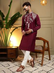 Kurta Tradicional para Hombre, de Seda Premium con Estampado y Bordado, Elástica, Absorbente de Humedad, Corte Recto, para Fiestas - Product Image 2