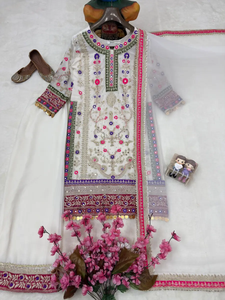 Women's Embroidered Woven Full Sleeve Salwar Kameez Set Floral Digital Print Cotton Outfit Farshi Shalwar Khadi Dupatta All - Product Image 3