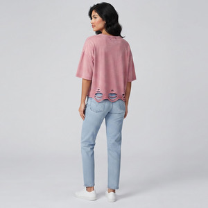 T-shirt en coton décontracté pour femme, col rond, manches courtes, coupe ample, couleur unie, effet vieilli et délavé, printemps-été - Product Image 2