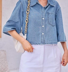 Camisa Corta de Mezclilla para Mujer, Corte Holgado, con Botones, Manga Corta, Informal, Azul, Estilo Urbano, Moda Primavera-Verano - Product Image 3