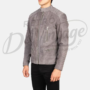 Chaqueta de motociclista Café Racer para hombre, de cuero genuino de gamuza gris, con hombros acolchados, corte ajustado, con cremallera, para motocicleta. - Product Image 5
