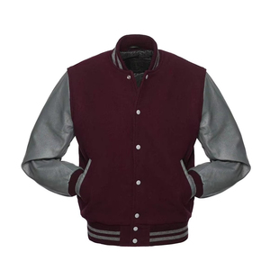 Chaqueta Varsity de Lona Sólida Color Granate para Hombre con Mangas de PU Gris, Cierre de Botones, Estilo Casual para Invierno, Corte Regular, Cuello en V - Product Image 1