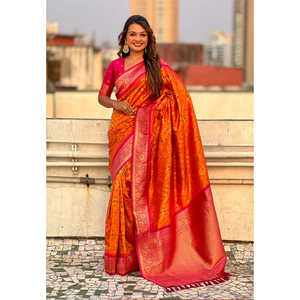 Vestidos de Noche de Sari Patola de Seda Suave Naranja Premium con Tejidos en Contraste, Marca Elite Weaves, 0.6g - Product Image 5