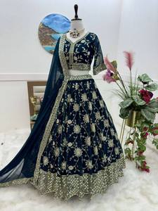 Conjunto de Lehenga Bordado Azul Oscuro, Vestido de Novia Indio Pakistaní, Dupatta de Tela, Traje Nupcial Floral - Product Image 3