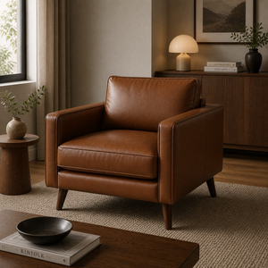 Mid Century Cognac Leather Armchair Modern Living Room Lounge Chair Comfortable Single <b>Sofa</b> Chair for Home Hotel Lobby - Product Image 1