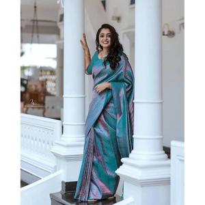 DISEÑADOR BANARASI SILK FUNCTION WEAR SAREE CON BLUSA DESCOSTADA AZUL - Product Image 1