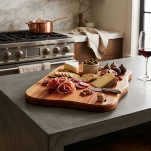 Planche à découper en bois de teck naturel à bords bruts, bloc de découpe en bois organique, plateau de service pour charcuterie avec trou de suspension en cuir - Product Image 2