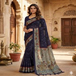 Sari en lin traditionnel avec un magnifique motif Bandhani et un chemisier Kalamkari pour l'occasion Diwali - Product Image 1