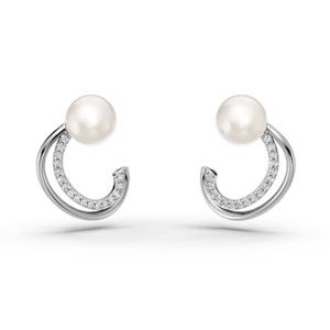 Freshwater Pearl <b>Stud</b> <b>Earrings</b> With Diamond Accents 925 <b>Silver</b> Minimalist Geometric Design Women's Everyday Wear - Product Image 1