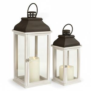 Juego de 2 Faroles Decorativos de Madera Blanca Envejecida, Metal y Vidrio, Portavelas Colgantes para Decoración de Interiores, Exteriores, Hogar y Bodas - Product Image 1