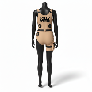 Traje de baño de una pieza para mujer, de poliéster y spandex de alta elasticidad, color beige con paneles negros, cinturón, bolsillo y estampado de logotipo. - Product Image 2