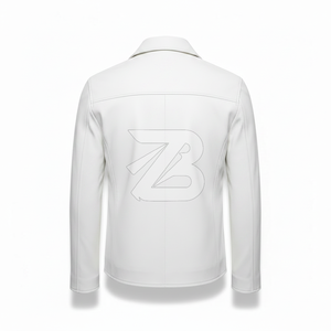 Zarina Wear <b>Men</b> Genuine Leather Canvas <b>Jacket</b> <b>White</b> Office Casual Fashion Shirt Collar Zip up Minimalist Style Front Logo OEM - Product Image 3