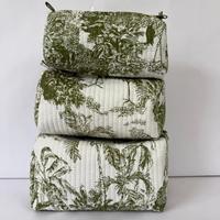 Ensemble de trousses de maquillage en coton matelassé imprimé toile verte, pliables, durables, écologiques, avec fermeture éclair et poignée souple, pour les voyages