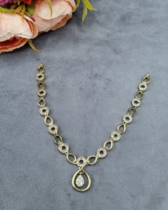 AD Alternating Circle Teardrop Chain Antique <b>Gold</b> Plated Necklace <b>Set</b> Pave Frame Waterdrop Pendant & Matching Earrings Wholesale - Product Image 3
