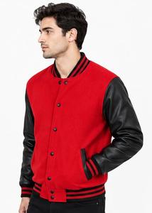 <b>Red</b> Men's <b>Varsity</b> <b>Jacket</b> With <b>Black</b> Leather Sleeves Button Closure Casual Style Autumn Wear - Product Image 3