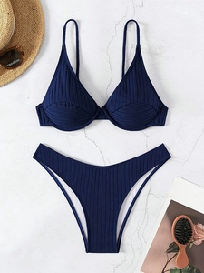 Ensemble de maillot de bain 2 pièces côtelé sans couture en spandex pour femme, avec soutien-gorge triangle taille haute, décolleté en V profond, effet push-up, uni, décontracté et confortable - Product Image 3