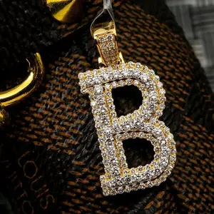 Pendentif initial B en moissanite, en argent sterling 925 plaqué or, style vintage, lettre B entièrement pavée, collier unisexe pour soirée - Product Image 6