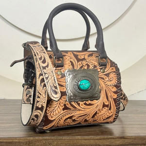 Unisex Luxury Custom Hand <b>Tooled</b> <b>Leather</b> With Turquoise Concho Mini Speedy Bag Hot Selling Genuine Cow <b>Leather</b> Fashion Duffle - Product Image 4
