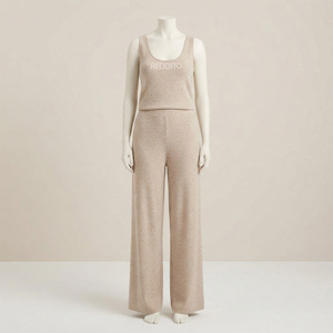 Ensemble de détente Reddito pour femme, grande taille, 100 % coton satiné tricoté, sans manches, col en V, couleur unie, taille élastique, coupe régulière, longueur complète - Product Image 1