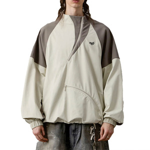 Chaqueta Cortavientos Oversize Unisex Beige Taupe con Media Cremallera y Logotipo Personalizado para Hombre, OEM, Marca Privada, Venta al por Mayor de Ropa Urbana - Product Image 1
