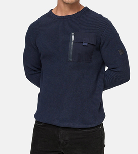Pull ras du cou pour homme, coupe classique, gris uni, en velours côtelé tricoté, style décontracté, hiver, doublé, respirant, logo frontal - Product Image 2