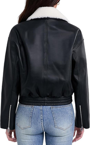 Chaqueta Bomber de Cuero PU Negra para Mujer con Cuello de Piel Sintética, Cierre de Cremallera, Manga Larga, Estilo Invernal, Color Sólido - Product Image 3