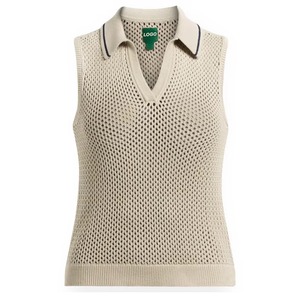 Women's <b>Sleeveless</b> Polo Shirt Mesh Knitted Breathable Solid Color Preppy Style <b>Top</b> - Product Image 1
