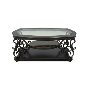 Tavolo da Cocktail 132 cm L x 81 cm L x 51,6 cm H con Piano in Vetro, Gambe in Metallo con Finitura a Polvere, Ripiano Centrale in MDF Rivestito in Carta Effetto Marmo - Product Image 1