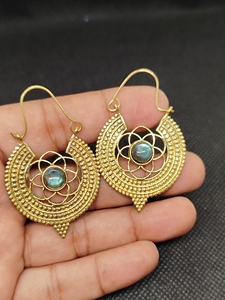 labradorite Export Brass Gemstone Drop <b>Earrings</b> Bulk Handcrafted Gold Plated Finish Pattern Bezel - Product Image 2