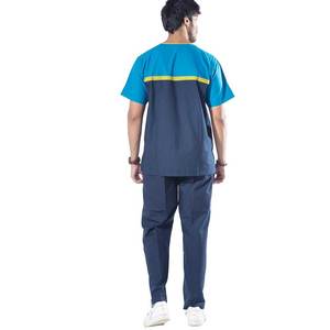 Men's Blue and Teal <b>Scrub</b> <b>Set</b> with Yellow Trim Hospital Uniform Cotton Polyester Woven Pants and Top for Medical Use - Product Image 2