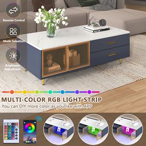 Tavolino da Caffè Moderno Multicolore con Illuminazione, 2 Ante in Vetro, 4 Cassetti e Gambe in Metallo Dorato, 120 cm - Product Image 5