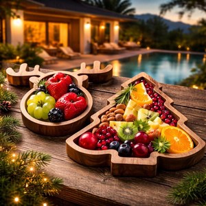 Plateau de service en bois en forme de renne de Noël, plateau à fruits, noix et en-cas, vaisselle de fête écologique, plateau de service en bois massif - Product Image 3