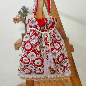 Handmade Indian Wedding Velvet Drawstring Potli Bag Women Evening Party <b>Red</b> Beaded Zari Clutch <b>Purse</b> Wholesale Supplier - Product Image 1