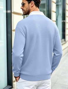 Men's Light Blue Knitted Quarter <b>Zip</b> Pullover Long Sleeve Casual <b>Shirt</b> Turn-down Collar Solid Color Autumn Wear - Product Image 5