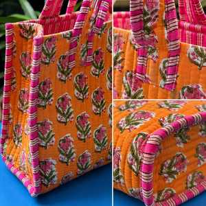 Sac fourre-tout matelassé en coton Veer Handicrafts, orange, à motif rayé, style tendance, fermeture éclair, toutes saisons, usage quotidien, plage - Product Image 3