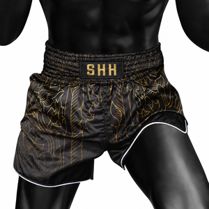 กางเกงขาสั้นมวยไทยสีดำทอง Shh กางเกงมวยผ้าซาตินของผู้ชายดีไซน์ปกติพอดีพิมพ์ลาย - Product Image 4