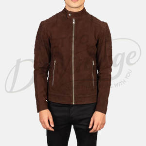 Veste en cuir suédé marron chocolat de qualité supérieure pour homme, coupe ajustée, matelassée losanges, style motard, col montant élégant, manteau d'hiver - Product Image 4