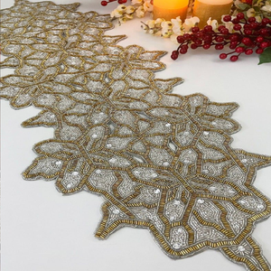 Exquisite cream colored beaded <b>table</b> <b>runner</b> featuring a luxurious classic faux pearl wave border, available at wholesale prices. - Product Image 4