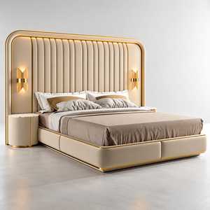 Modern Upholstered Platform <b>Bed</b> <b>with</b> Fluted Headboard Gold Accent Designer Bedroom Furniture Set Ivory Cream King <b>Queen</b> <b>Bed</b> - Product Image 4