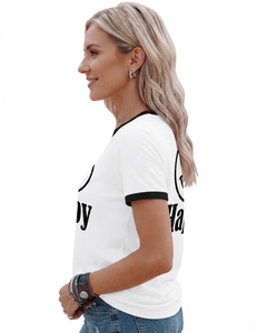 Women's Summer Casual Short Sleeve Ringer T-Shirt White Black Contrast Trim Crew Neck Be Happy for Face Graphic Print 100% - Product Image 4
