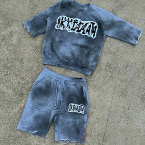 Men's Gray Cotton Casual T-Shirt And Shorts <b>Set</b> Crew Neck Solid Color Breathable Summer <b>Knitted</b> Wear - Product Image 4