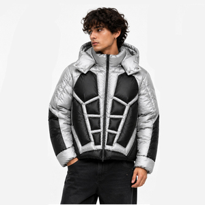 Custom <b>Silver</b> and Black Finished Streetwear Hooded Puffer <b>Jacket</b> with Zip Front Design for Unisex Winter Wear - Product Image 4
