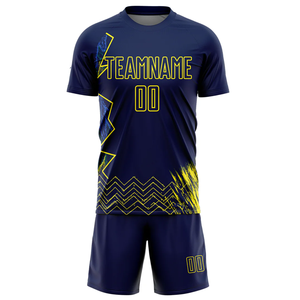 Custom Sublimated <b>Soccer</b> Jersey Set Unisex Navy Blue Yellow Moisture Wicking Short Sleeve Athletic Fit Team Name Number Front - Product Image 2