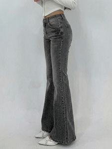 Jean en denim taille haute à jambe large, écologique, déchiré, noir uni, en coton tissé, poids moyen, délavé, style décontracté automne - Product Image 3