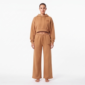 Conjunto de Ropa Deportiva para Mujer, Top Corto de Manga Larga con Hombros Caídos y Pantalones Anchos de Felpa de Algodón, Color Sólido Personalizado - Product Image 1